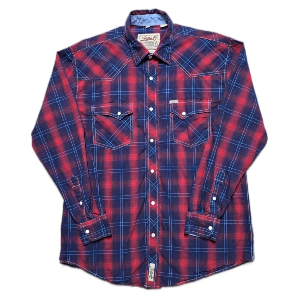 Rafter C Shirt Red Pro-Flex Performance Pearl Snap Western Mens L Blue Red Plaid - Picture 2 of 16